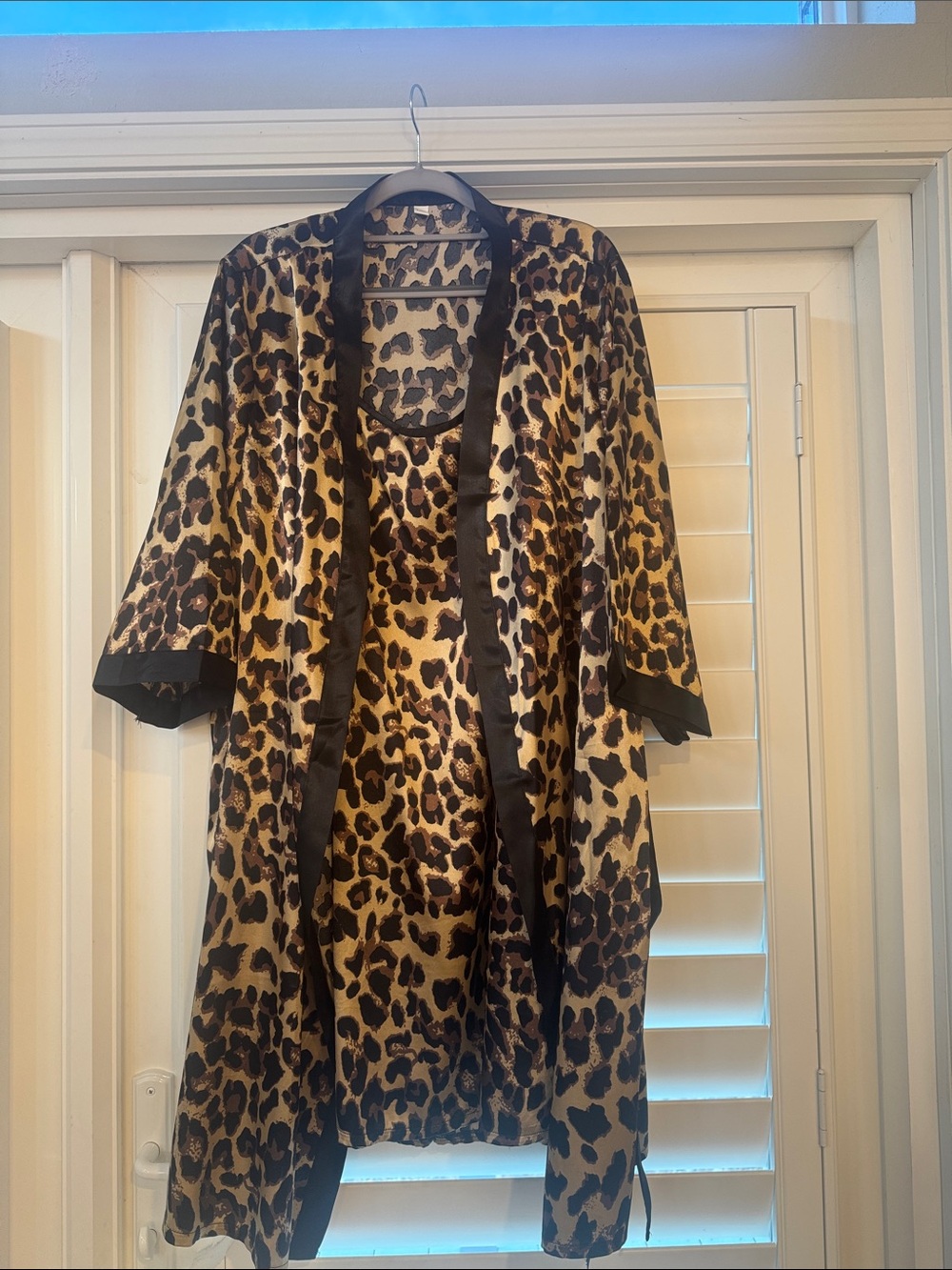 Leopard Print Satin Robe and Chemise Set - Black Trim